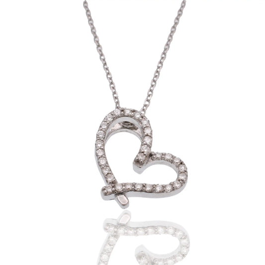 925 Sterling Silver Rhodium Plated Lab Grown Diamond on Assymetrical Heart Pendant Adjustable Necklace