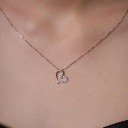 925 Sterling Silver Rhodium Plated Lab Grown Diamond on Assymetrical Heart Pendant Adjustable Necklace