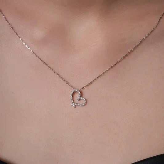925 Sterling Silver Rhodium Plated Lab Grown Diamond on Assymetrical Heart Pendant Adjustable Necklace
