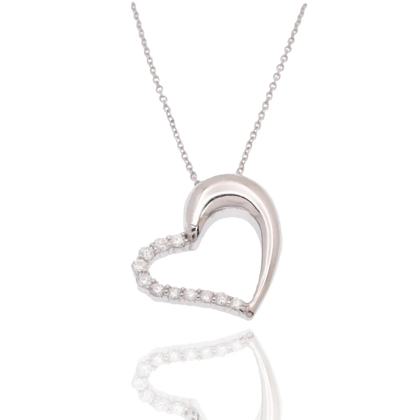 925 Sterling Silver Rhodium Plated Lab Grown Diamond on 16.4mm x 21.1mm Assymetrical Heart Pendant Adjustable Necklace