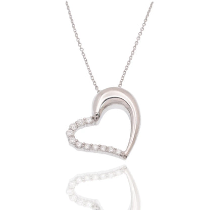 925 Sterling Silver Rhodium Plated Lab Grown Diamond on 16.4mm x 21.1mm Assymetrical Heart Pendant Adjustable Necklace