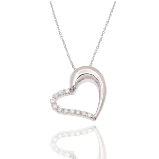 925 Sterling Silver Rhodium Plated Lab Grown Diamond on 16.4mm x 21.1mm Assymetrical Heart Pendant Adjustable Necklace