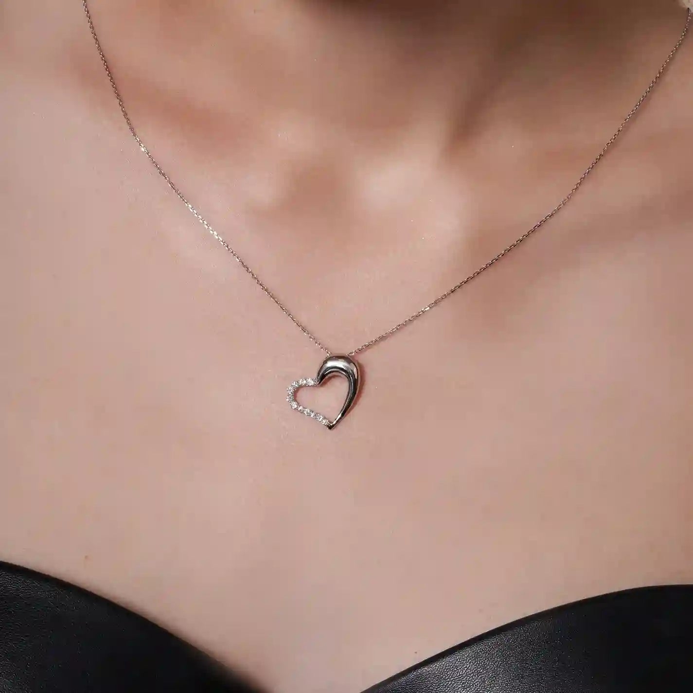 925 Sterling Silver Rhodium Plated Lab Grown Diamond on 16.4mm x 21.1mm Assymetrical Heart Pendant Adjustable Necklace