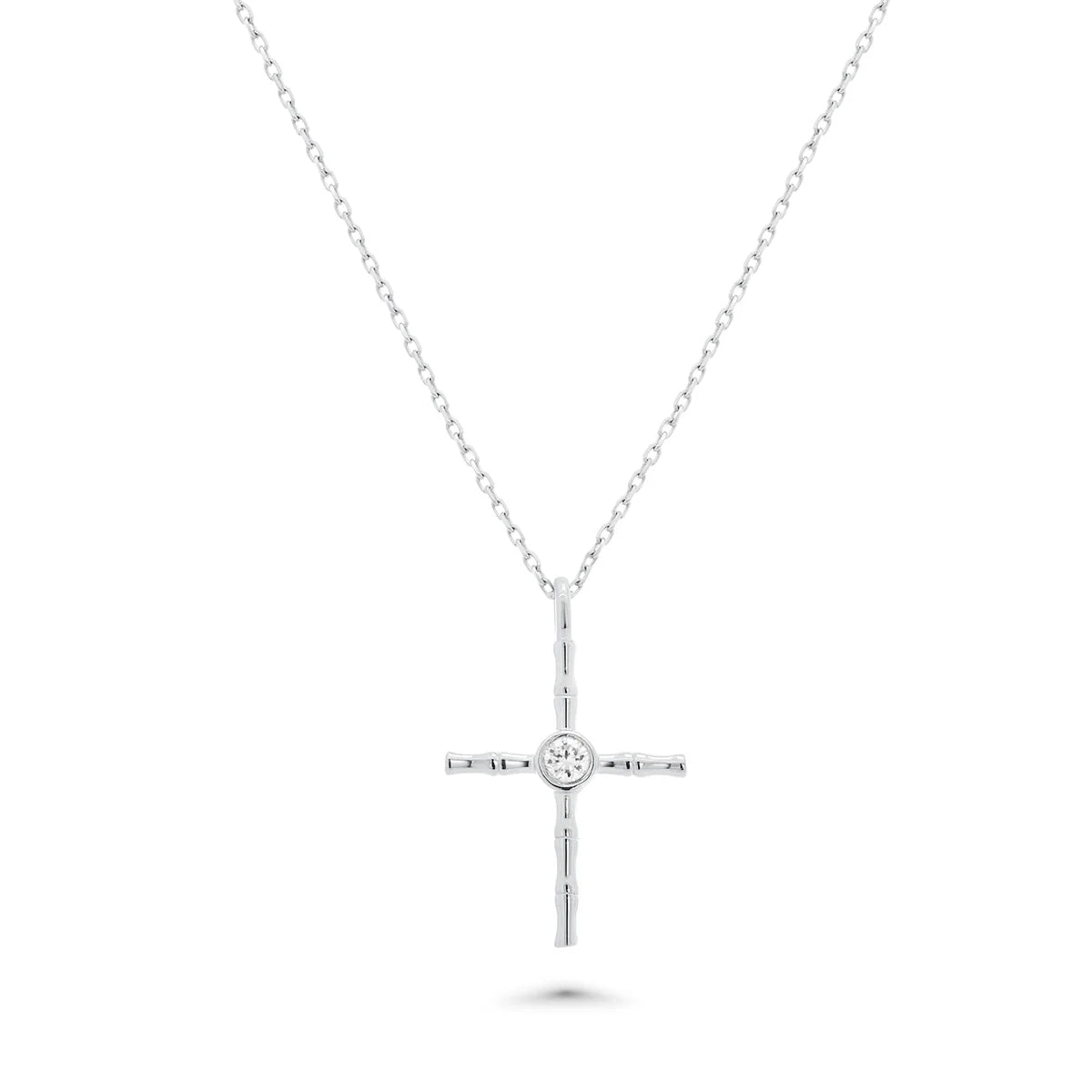 Lab Grown Diamond 925 Sterling Silver Rhodium Plated Round Cross Necklace