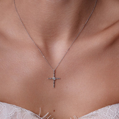 Lab Grown Diamond 925 Sterling Silver Rhodium Plated Round Cross Necklace