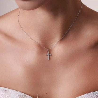 925 Sterling Silver Rhodium Plated Dainty Lab Grown Diamond Cross Necklace