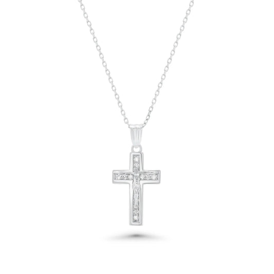 Lab-Grown Diamond 925 Sterling Silver Rhodium Plated Dainty Crucifix Pendant Necklace