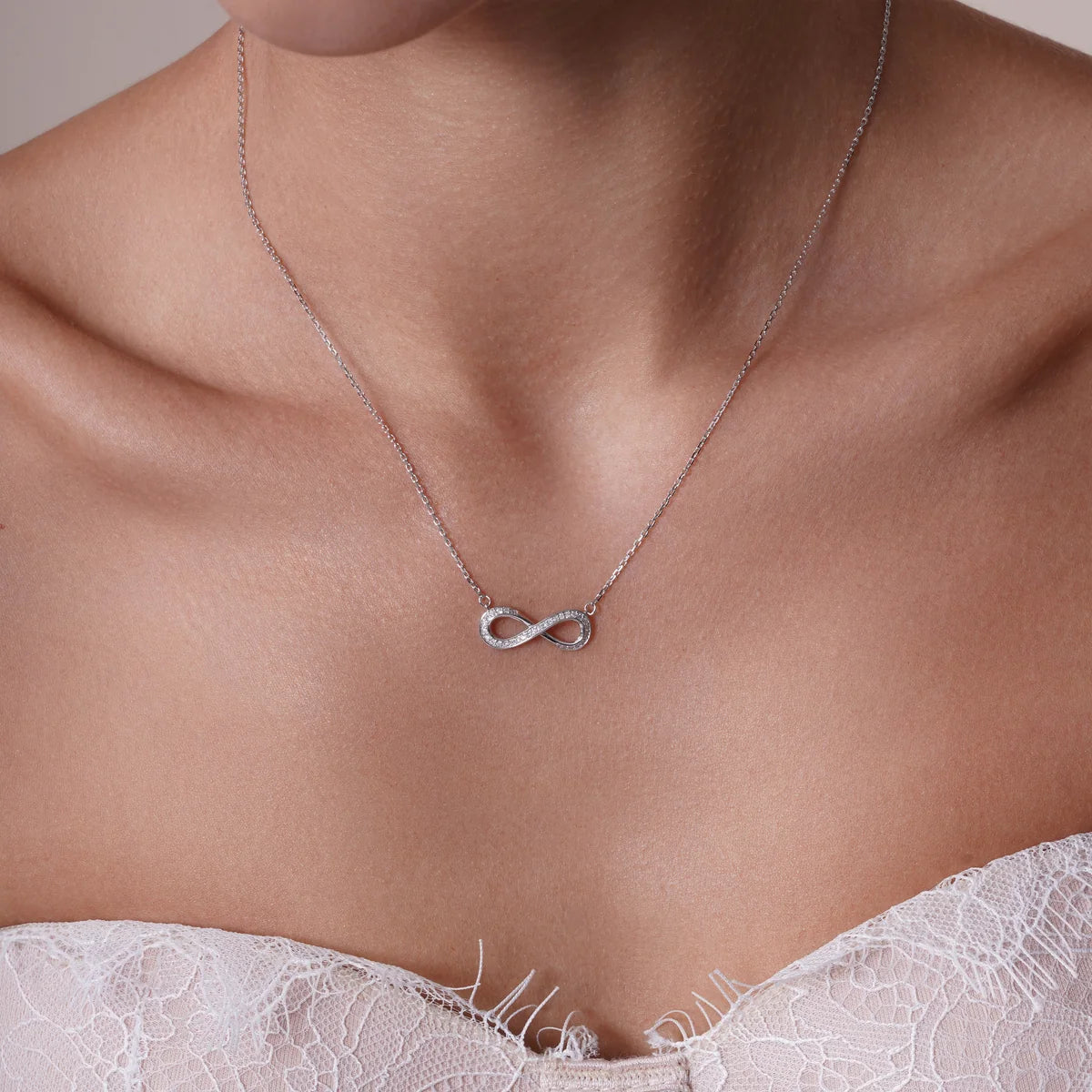 Lab Grown Diamond Rhodium Plated 925 Sterling Silver Infinity Necklace