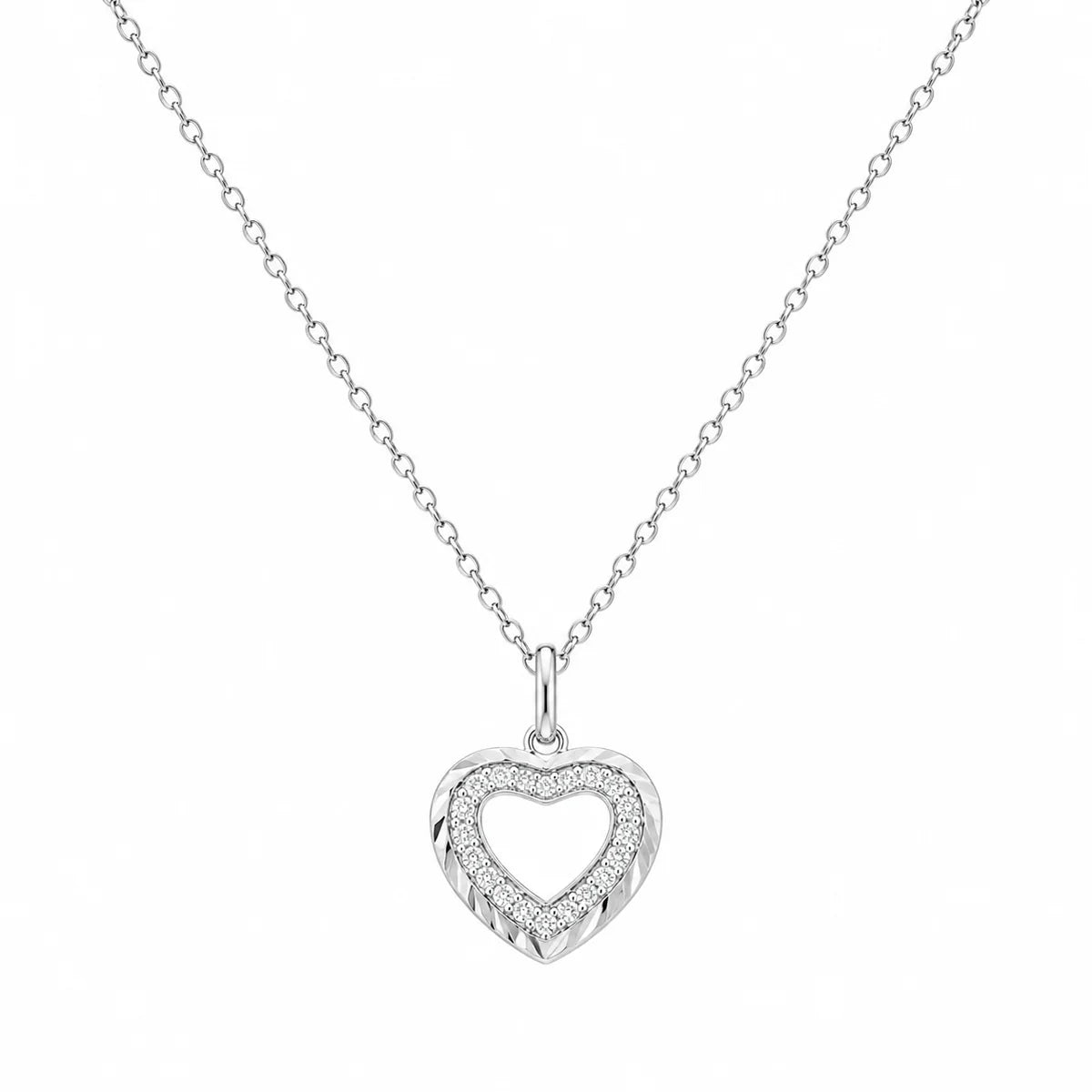 Lab Grown Diamond Rhodium Plated 925 Sterling Silver Cut Heart Pendant Necklace