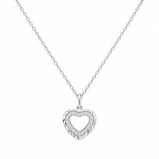 Lab Grown Diamond Rhodium Plated 925 Sterling Silver Cut Heart Pendant Necklace