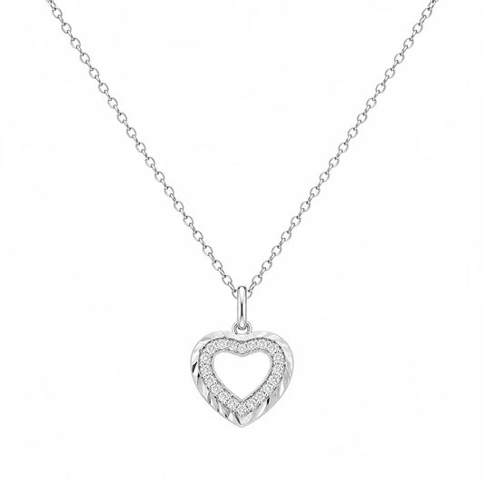 Lab Grown Diamond Rhodium Plated 925 Sterling Silver Cut Heart Pendant Necklace