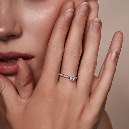 925 Sterling Silver Rhodium Plated  5mm Round Lab Grown Diamond Pave Side Stones on Solitaire Engagement Ring