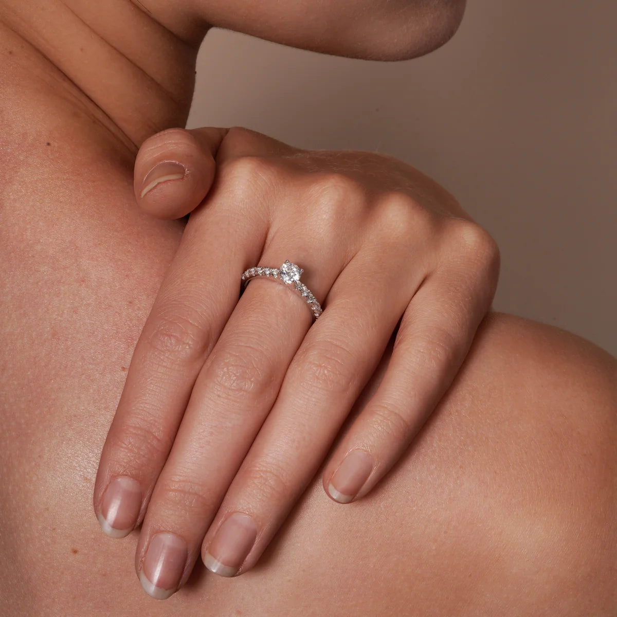 Lab Grown Diamond Rhodium Plated 925 Sterling Silver 5mm Round  Pave Side Stones on Solitaire Engagement Ring