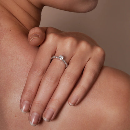 Lab Grown Diamond Rhodium Plated 925 Sterling Silver 5mm Round  Pave Side Stones on Solitaire Engagement Ring