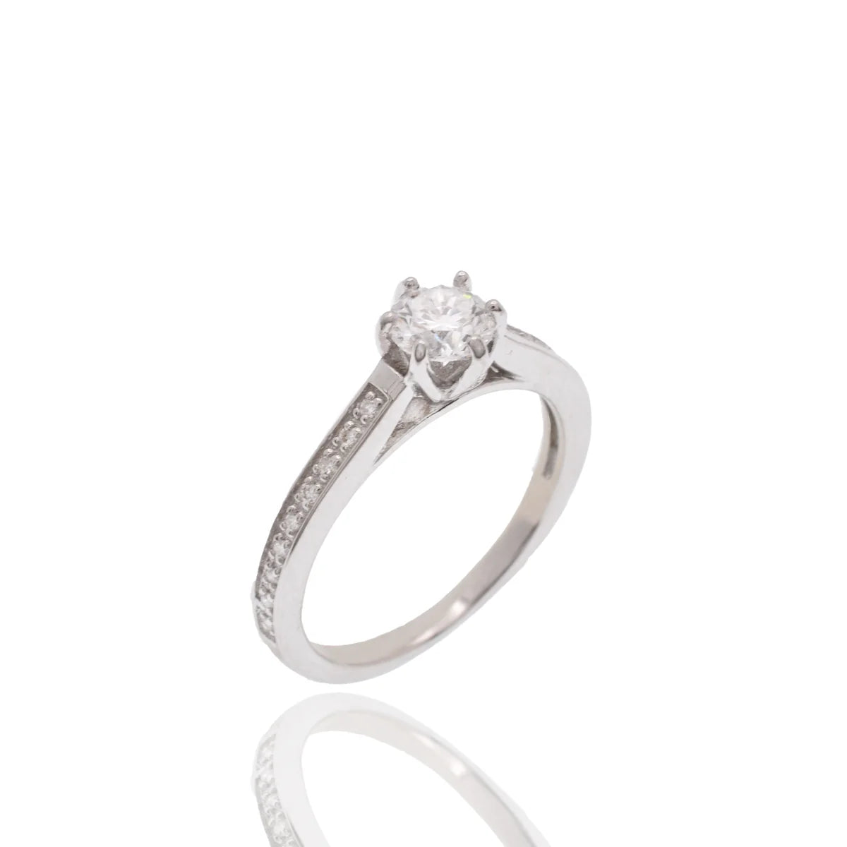 Lab Grown Diamond 925 Sterling Silver Rhodium Plated 5mm Round Pave Side Stones on Cathedral Style Engagement Ring