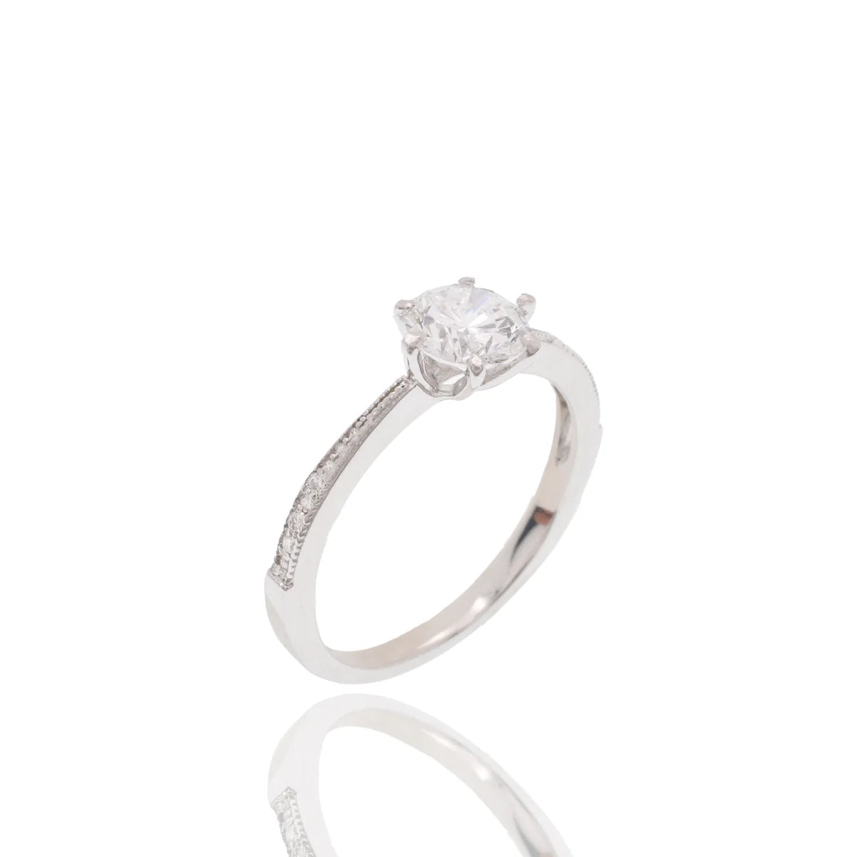 Lab Grown Diamond Rhodium Plated 925 Sterling Silver 6mm Round Pave Side Stones on Cathedral Style Engagement Ring