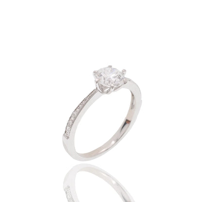 Lab Grown Diamond Rhodium Plated 925 Sterling Silver 6mm Round Pave Side Stones on Cathedral Style Engagement Ring