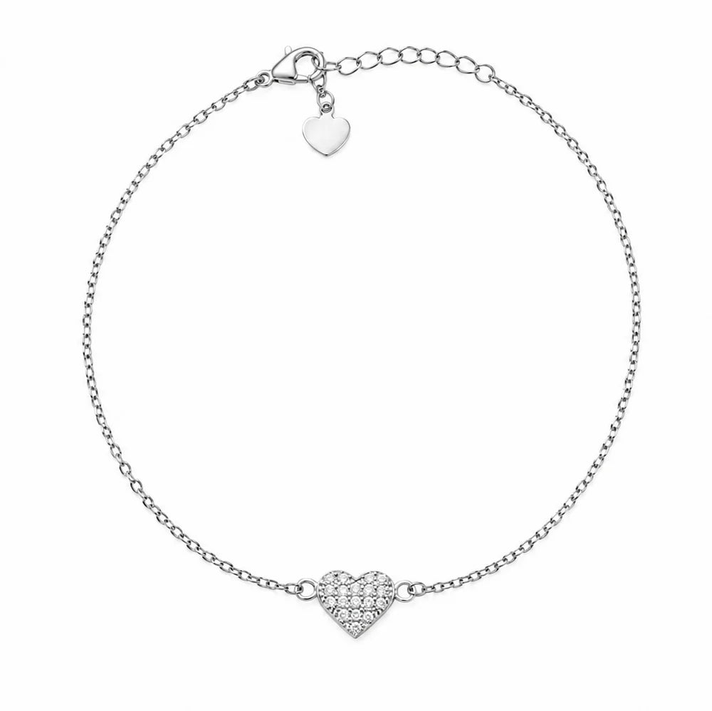 Lab Grown Diamond 925 Sterling Silver Rhodium Plated Dainty Heart Pave Charm Bracelet