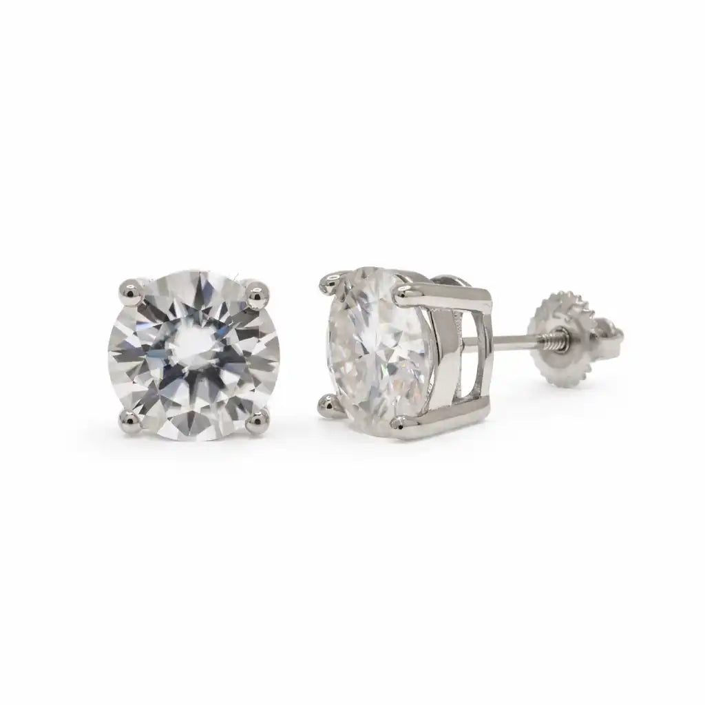 925 Sterling Silver Rhodium Plated Round Moissanite Screw Back Earring