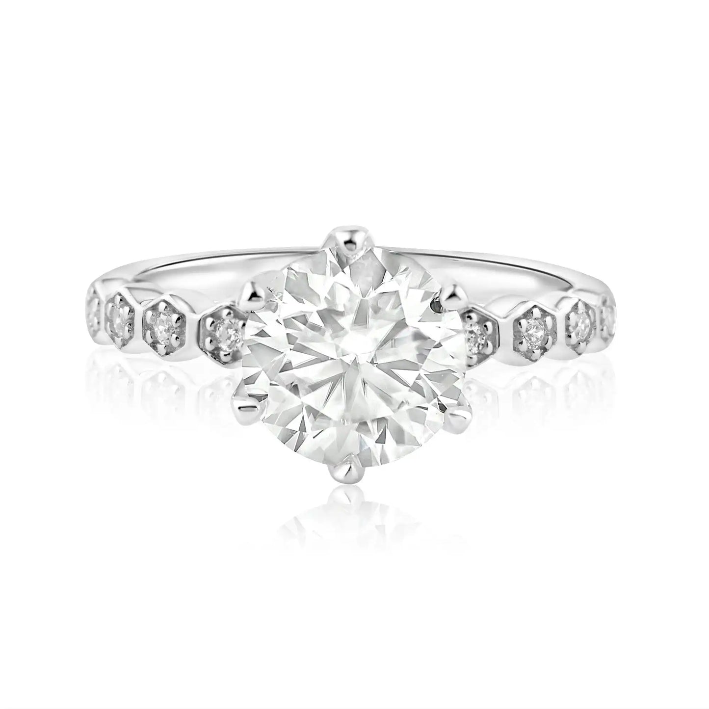 925 Sterling Silver Rhodium Plated 2 Carat Round Moissanite and Clear CZ Ring