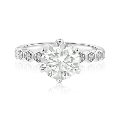 925 Sterling Silver Rhodium Plated 2 Carat Round Moissanite and Clear CZ Ring