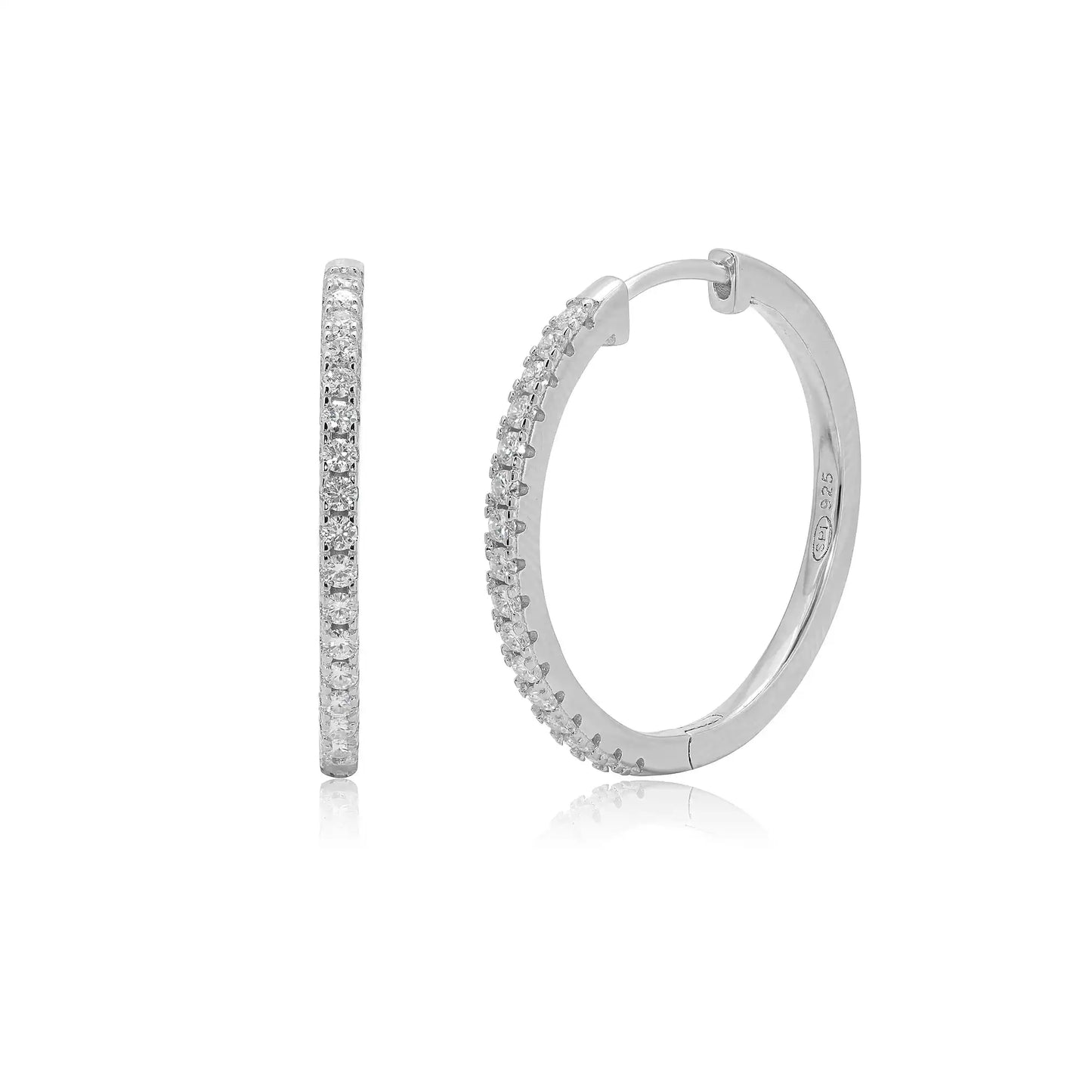 925 Sterling Silver Rhodium Plated Round Moissanite Studded 20mm Hoop Earring