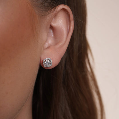 925 Sterling Silver Rhodium Plated Halo Moissanite Studded 8mm Stud Earring