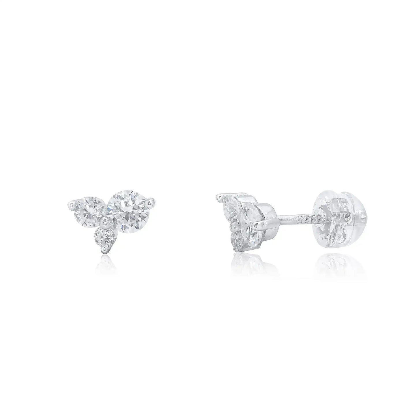 925 Sterling Silver Rhodium Plated Triple Stone Cluster Moissanite Studded 7mm Stud Earring