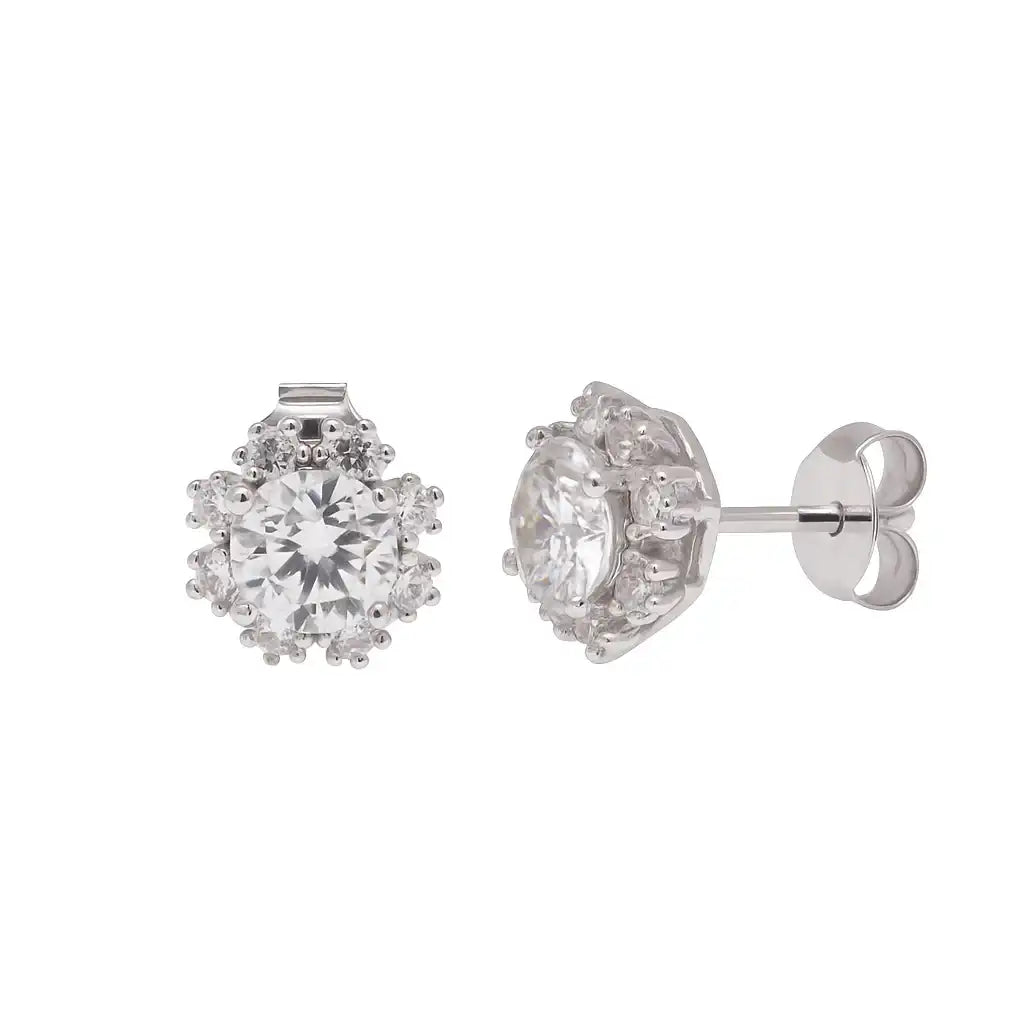 925 Sterling Silver Rhodium Plated Moissanite Sparkling Halo 8.6mm Stud Earring