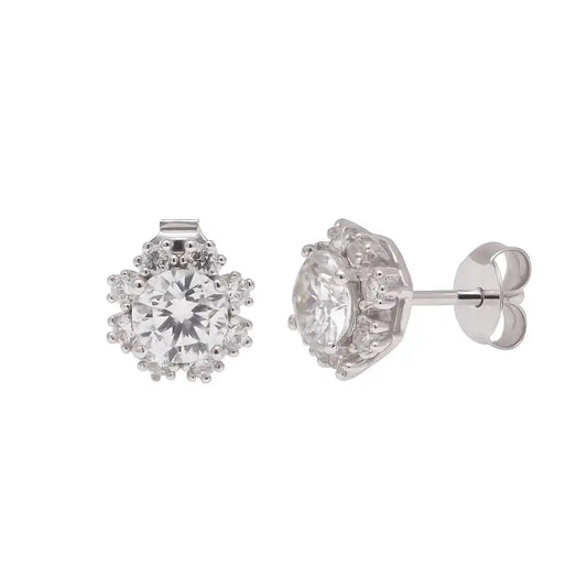 925 Sterling Silver Rhodium Plated Moissanite Sparkling Halo 8.6mm Stud Earring