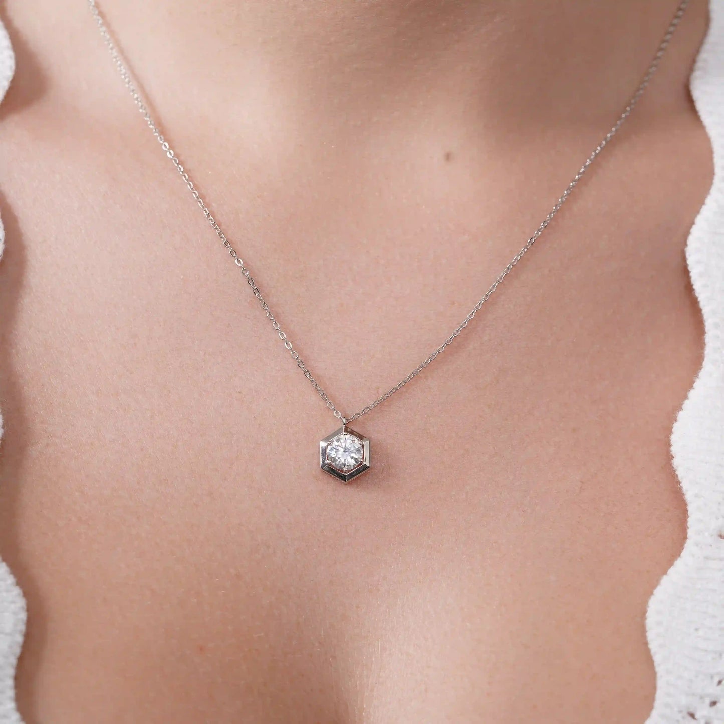 925 Sterling Silver Rhodium Plated Round Moissanite Hexagon Frame Adjustable Pendant Necklace