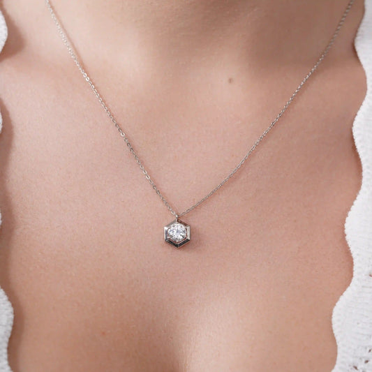 925 Sterling Silver Rhodium Plated Round Moissanite Hexagon Frame Adjustable Pendant Necklace