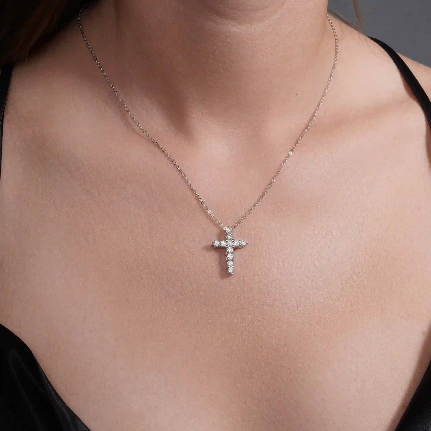925 Sterling Silver Rhodium Plated 17mm x 23.5mm Cross Moissanite Studded Adjustable Pendant Necklace