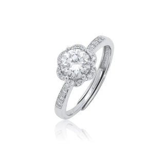 925 Sterling Silver Rhodium Plated Floral Halo 9.2mm Moissanite Engagement Ring