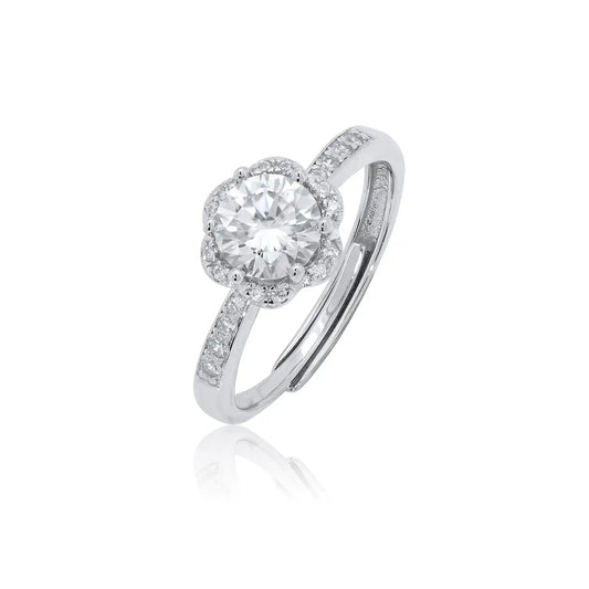 925 Sterling Silver Rhodium Plated Floral Halo 9.2mm Moissanite Engagement Ring