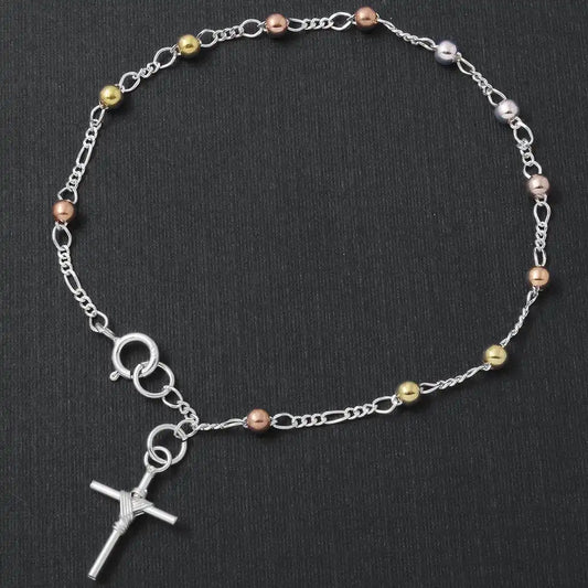925 Sterling Silver High Polished 3 Toned Beads with Tied Up Cross Rosary Bracelet