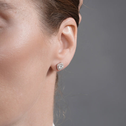 925 Sterling Silver Rhodium Plated Halo Moissanite Studded 8mm Stud Earring