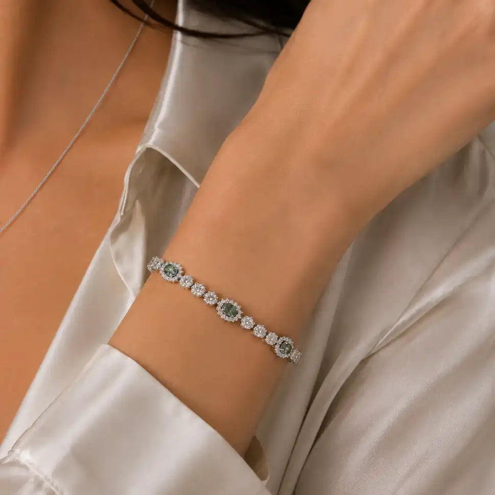 925 Sterling Silver Rhodium Plated Moissanite Halo Tennis Bracelet