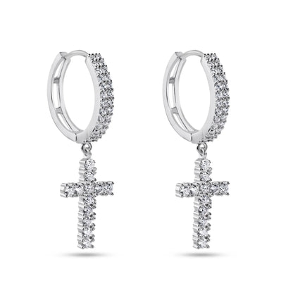 925 Sterling Silver Rhodium Plated Moissanite Cross Hoop Earring