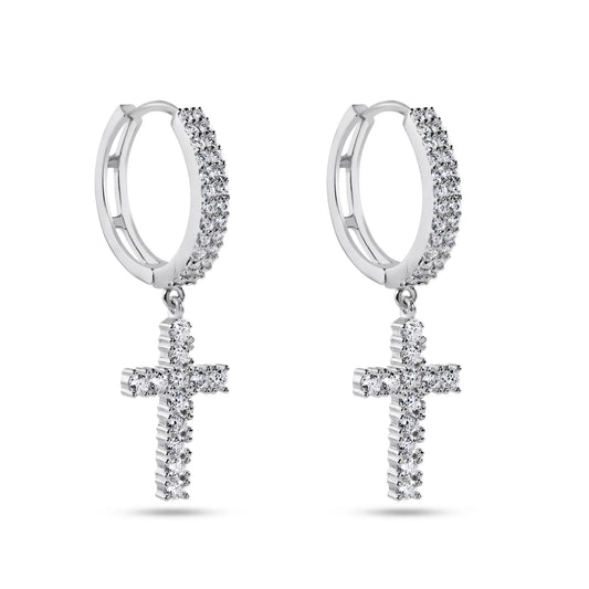 925 Sterling Silver Rhodium Plated Moissanite Cross Hoop Earring