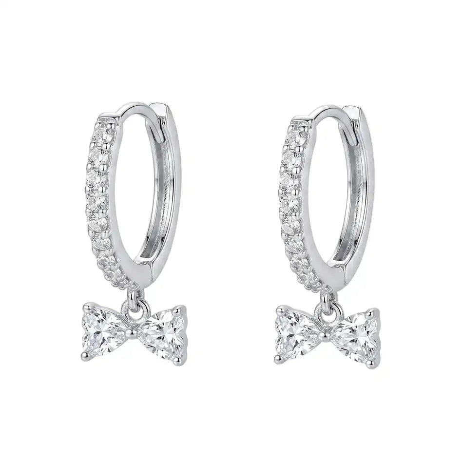 925 Sterling Silver Rhodium Plated Moissanite Bow Hoop Earring