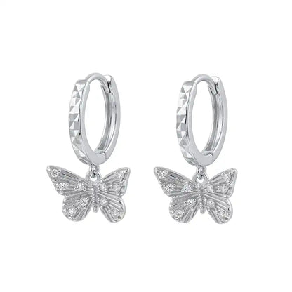 925 Sterling Silver Rhodium Plated Moissanite Diamond Cut Butterfly Hoop Earring