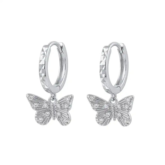 925 Sterling Silver Rhodium Plated Moissanite Diamond Cut Butterfly Hoop Earring