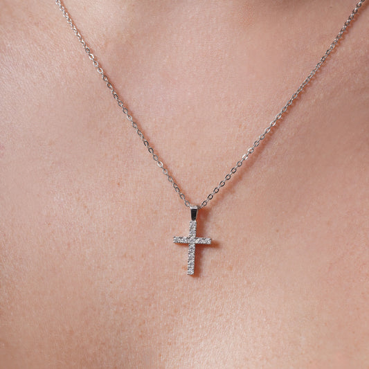 925 Sterling Silver Rhodium Plated  Moissanite Cross 9.6mm x 17.5mm Pendant