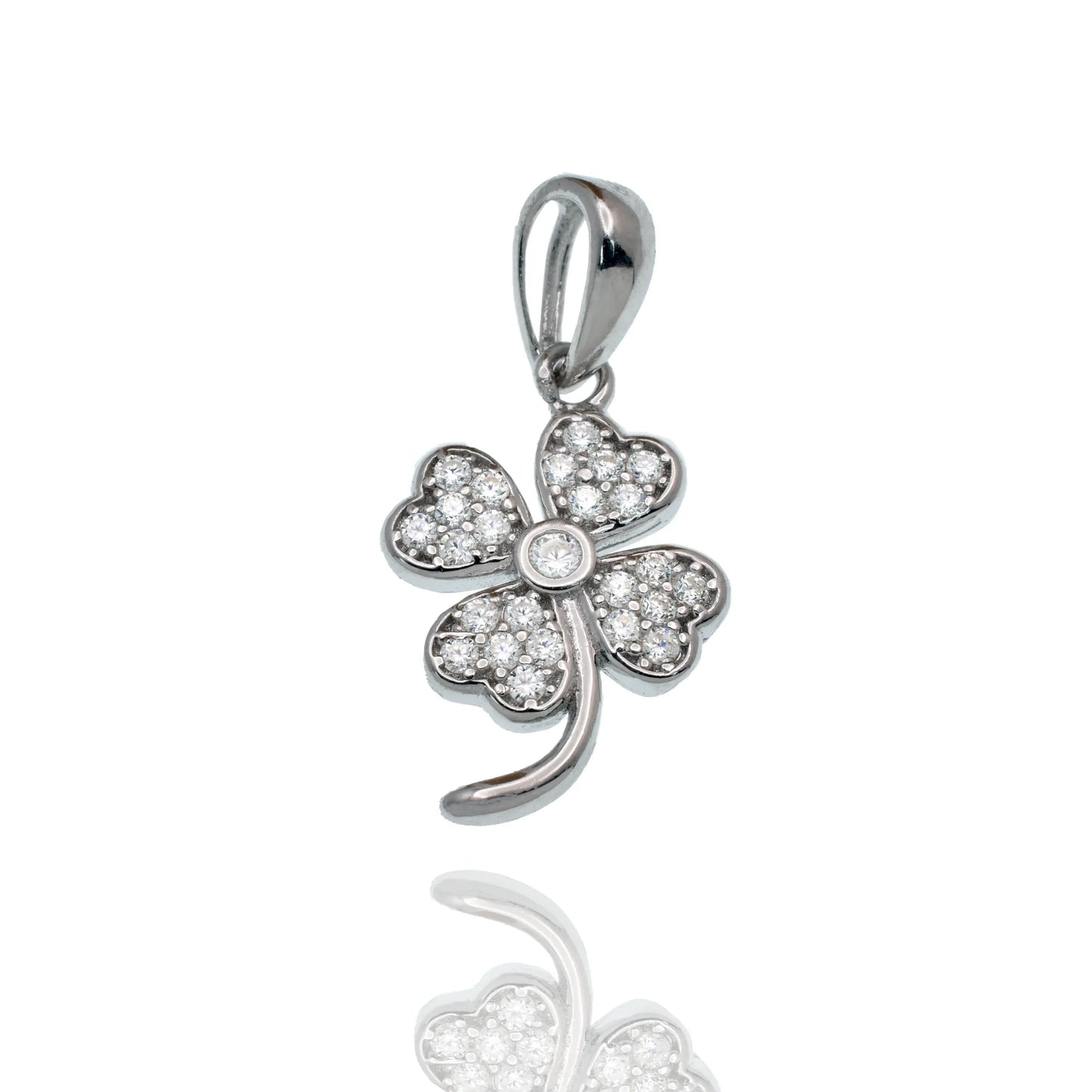 925 Sterling Silver Rhodium Plated Moissanite Four Leaf Clover 9.6mm x 15mm Pendant