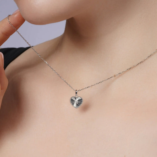 925 Sterling Silver Rhodium Plated Flutted Heart Moissanite Pendant Necklace