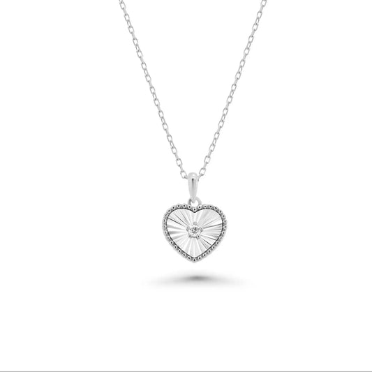925 Sterling Silver Rhodium Plated Flutted Heart Moissanite Pendant Necklace