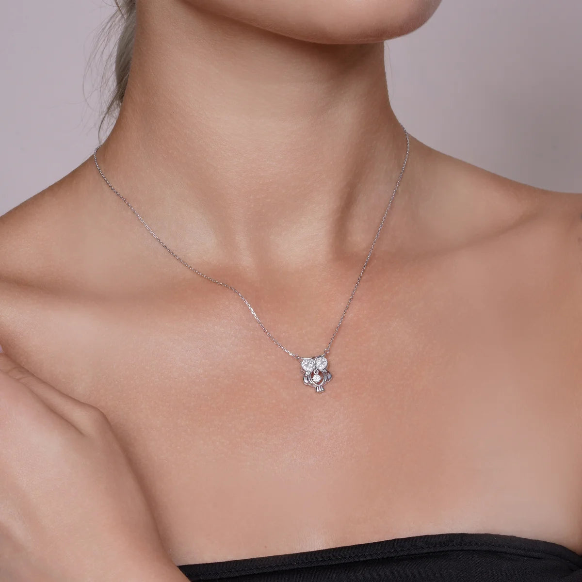 925 Sterling Silver Rhodium Plated Dancing Moissanite Owl Pendant Necklace