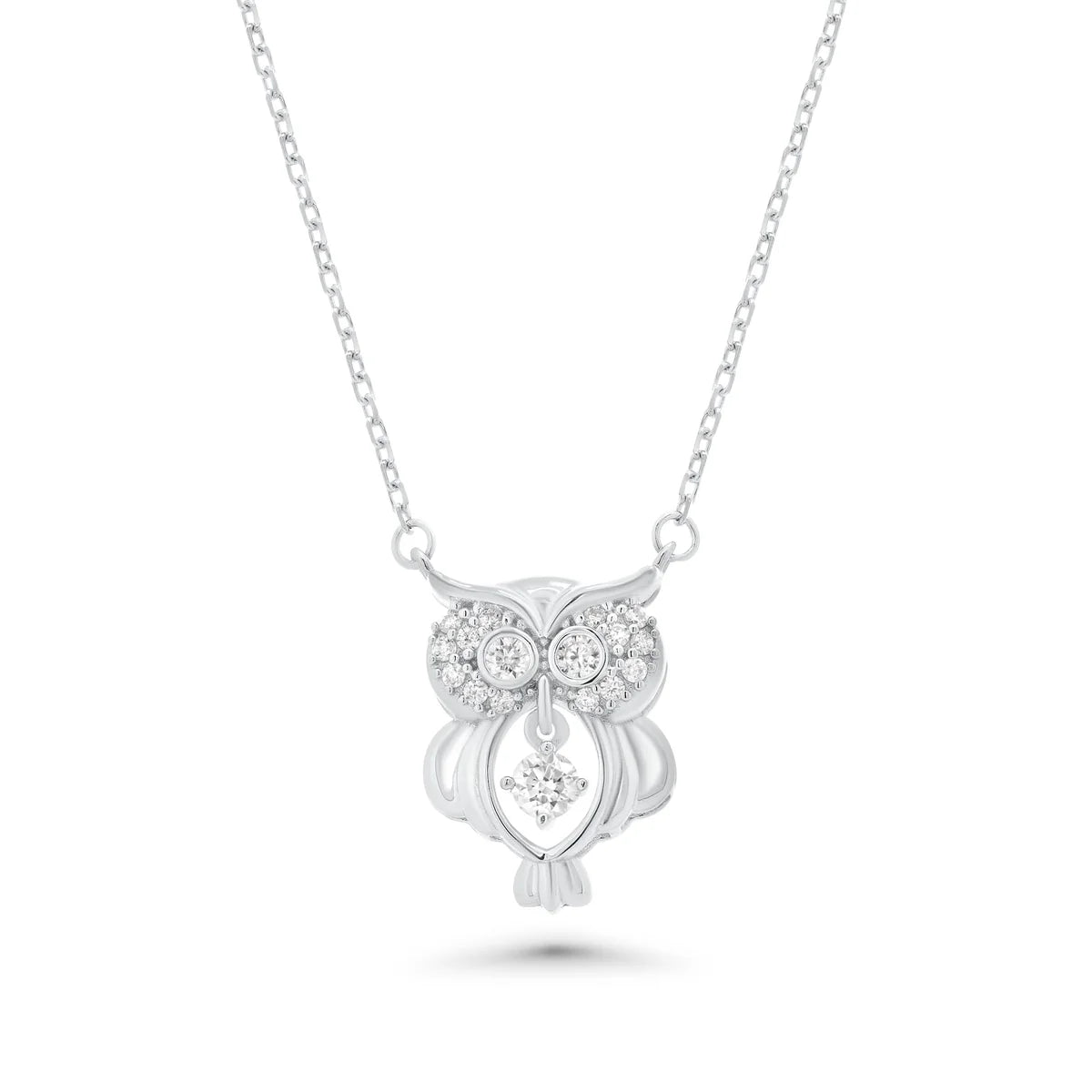 925 Sterling Silver Rhodium Plated Dancing Moissanite Owl Pendant Necklace