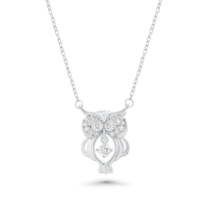 925 Sterling Silver Rhodium Plated Dancing Moissanite Owl Pendant Necklace